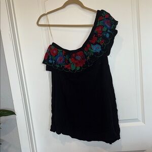 Floral Embroidered Black One Shoulder Top